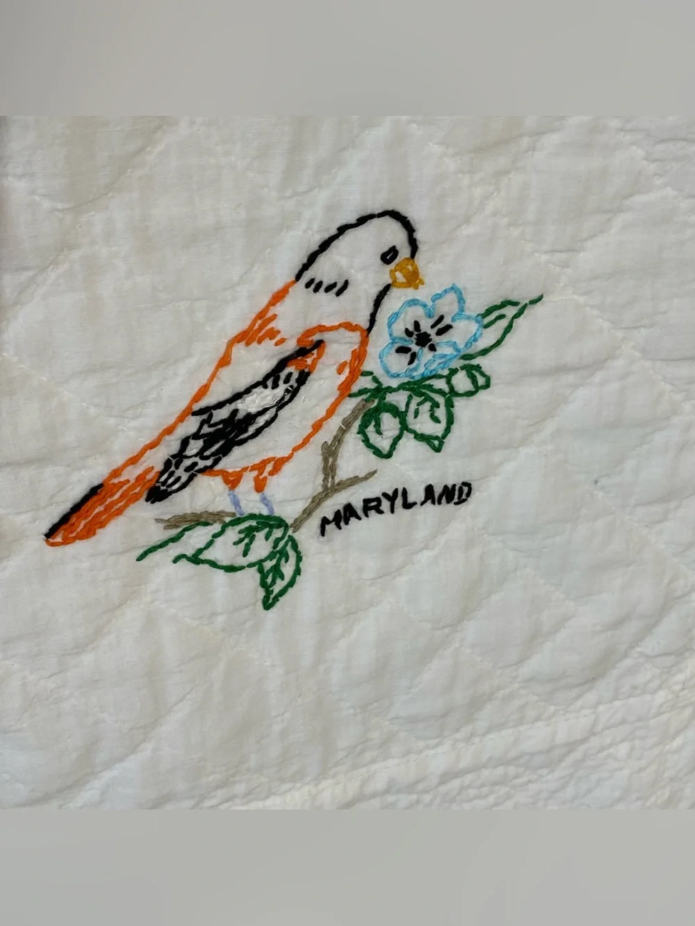 Vintage Embroidered State Bird Quilt 71” x 84”